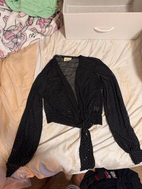 Black Sparkle Tie-Front Blouse with Long Sleeves